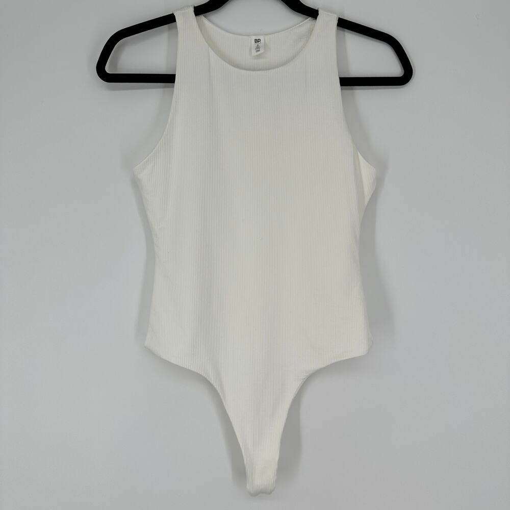 BP. White Ribbed High Neck Thong Bodysuit Womens Small